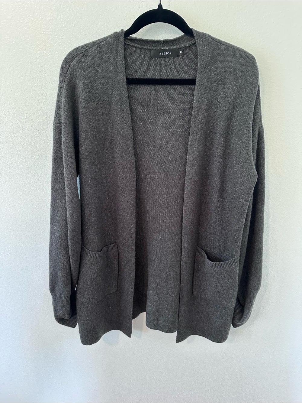 Zesica Charcoal Open-Front Pocket Cardigan